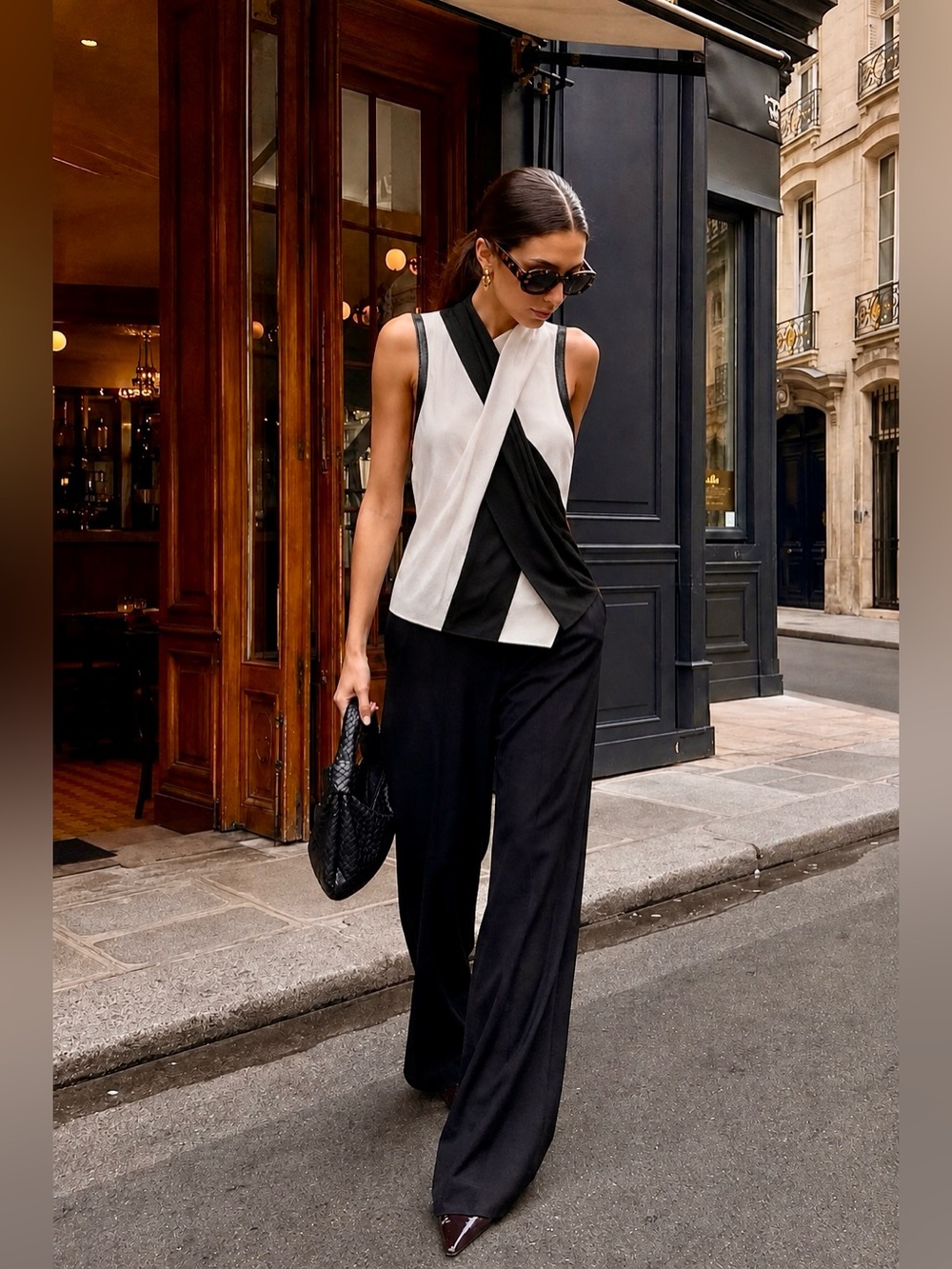 Helmut Lang Pearl Black Twisted Drape Leather Trim Crepe Asymmetrical Wrap Top